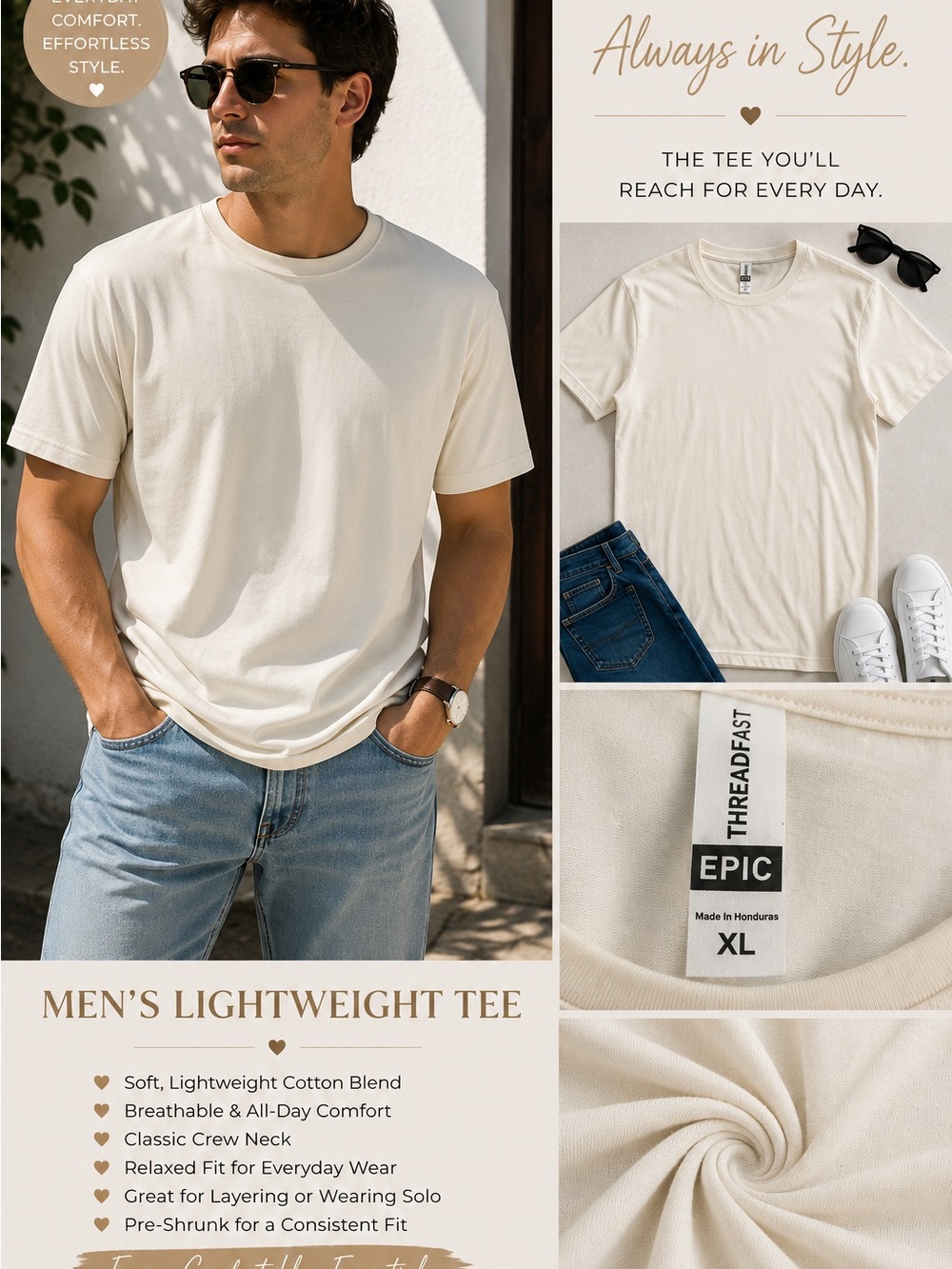 Epic Men's Lightweight Crew Neck Tee — Cream